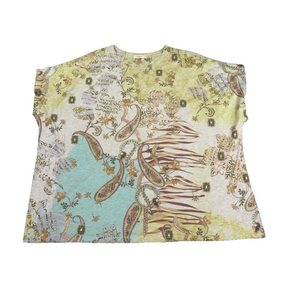 Jess & Jane‎ Top Womens 3x Paisley Floral Art to Wear Extended Cap Sleeve Boho
